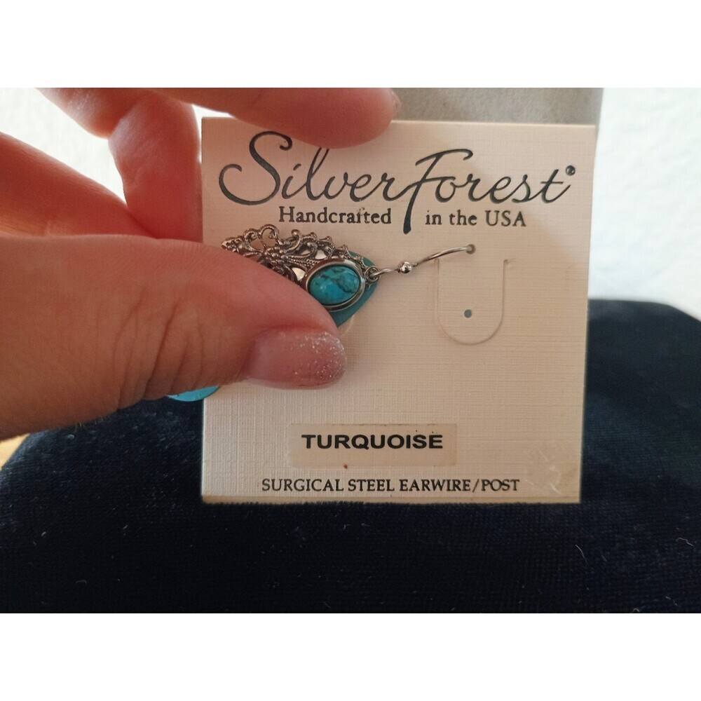 Silver Forest Turquoise Filigree Teardrop Shape Dangle Hook Earrings Silver Tone - Picture 4 of 4